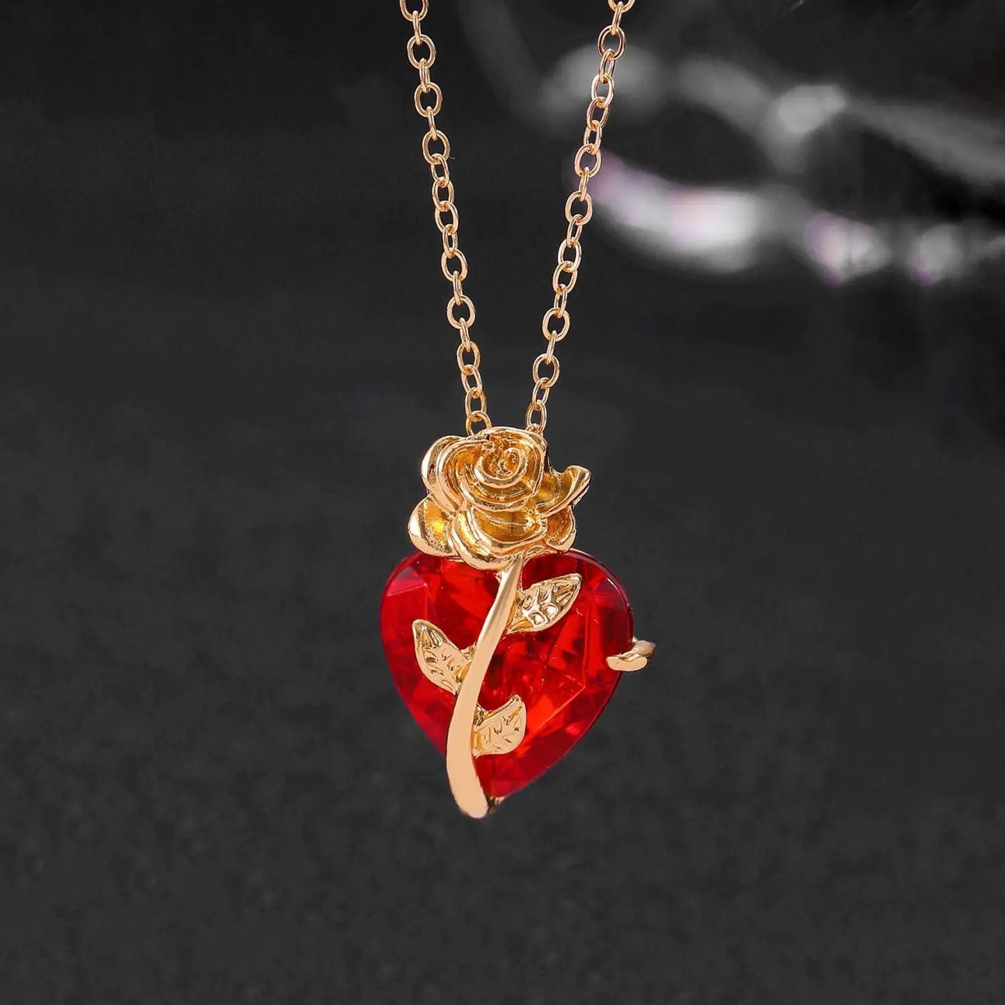 Crystal Heart & Rose Pendant in Gold