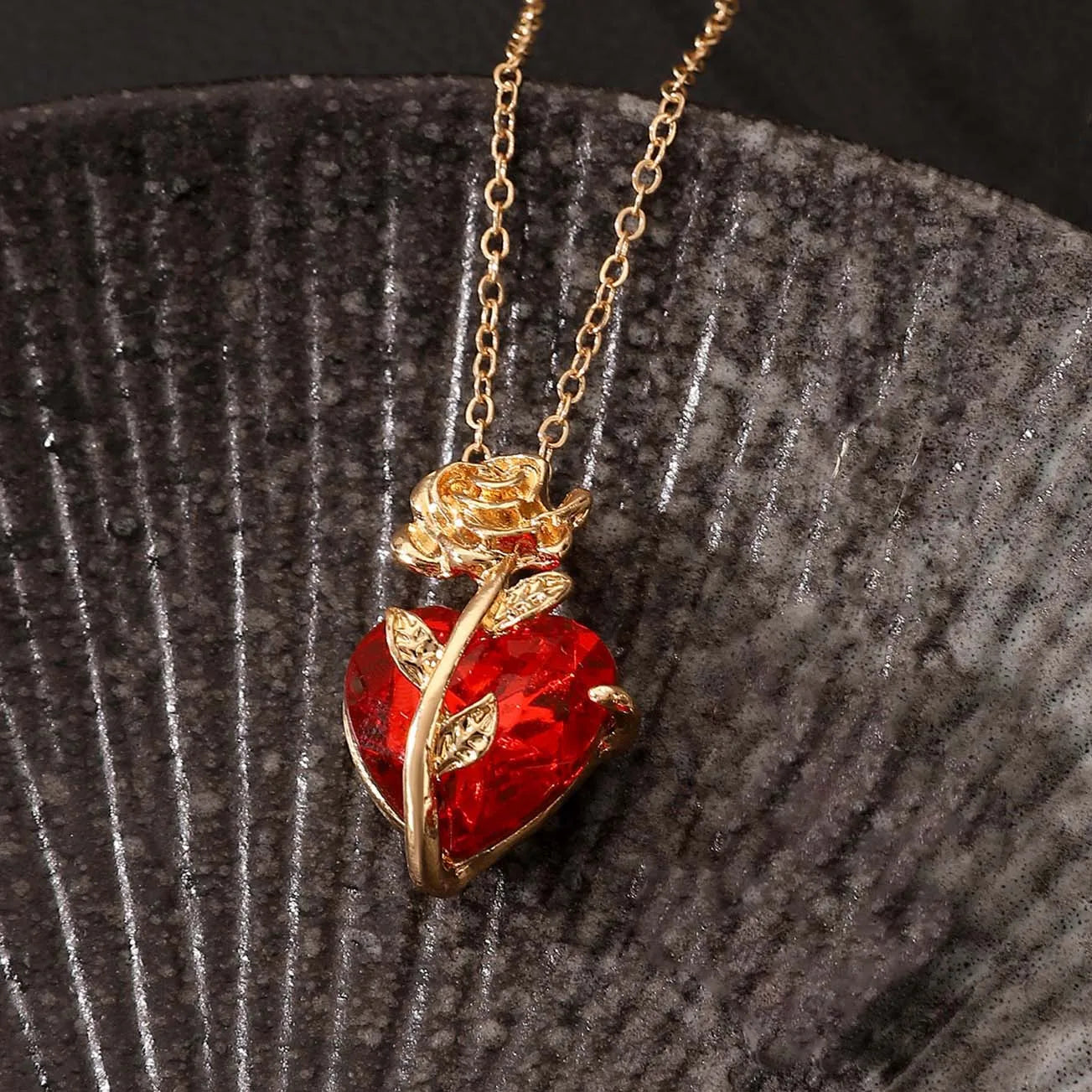 Crystal Heart & Rose Pendant in Gold