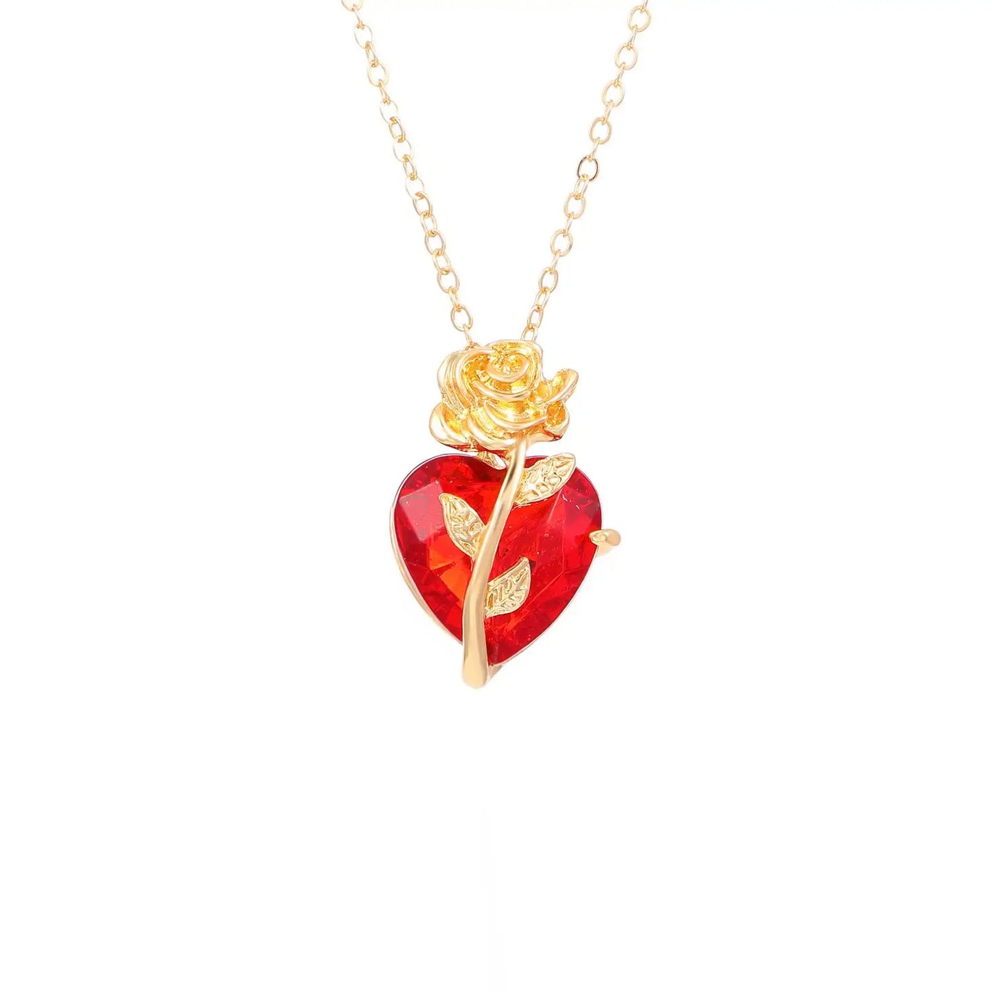 Crystal Heart & Rose Pendant in Gold